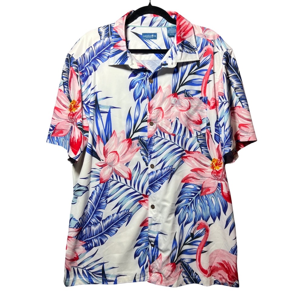 Caribbean Joe Mens XL Flamingo Tropical Floral Button Down Shirt White Blue Pink